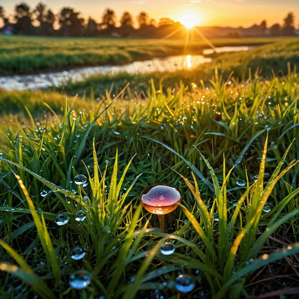 A stunning landscape captured at golden hour, showcasing vibrant colors of a sunset with radiant light reflecting off dewdrops on grass. Include a creative overlay of photography tools like a lens, shutter, and aperture symbols. The scene should convey the fusion of nature and art, inviting viewers to elevate their photography. super-realistic. vibrant colors.