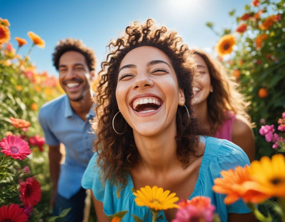 A radiant outdoor scene featuring a diverse group of people laughing and experiencing joyful moments, with a photographer capturing their smiles in the foreground. The background includes colorful flowers and a bright blue sky, symbolizing happiness and creativity. The whole composition emphasizes warmth, love, and the beauty of human connection. soft focus. vibrant colors. natural light.